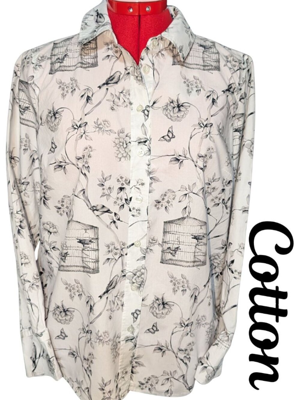 Talbots 100% cotton Bird & Floral Print Shirt